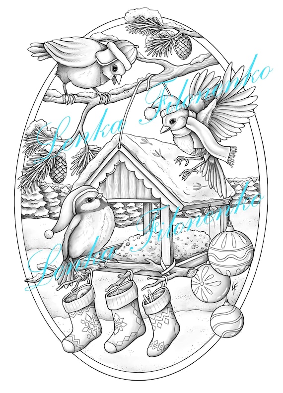 Christmas coloring page cute birds grey scale pdf download printable