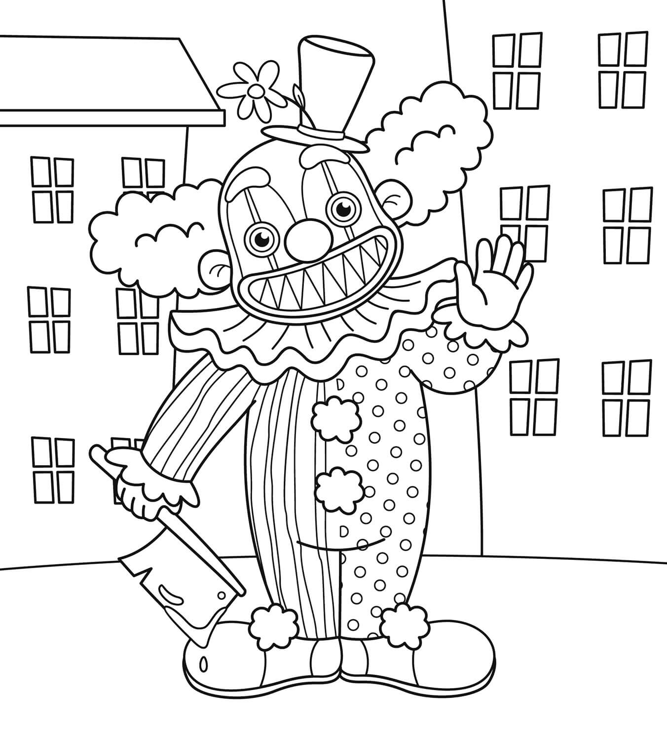 Evil clown holding knife coloring page