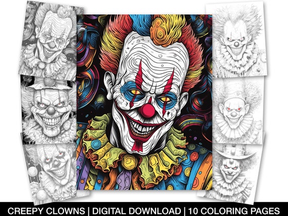 Creepy clowns coloring pages for adults printable psychedelic clowns psycho grayscale evil clowns coloring sheets instant download instant download