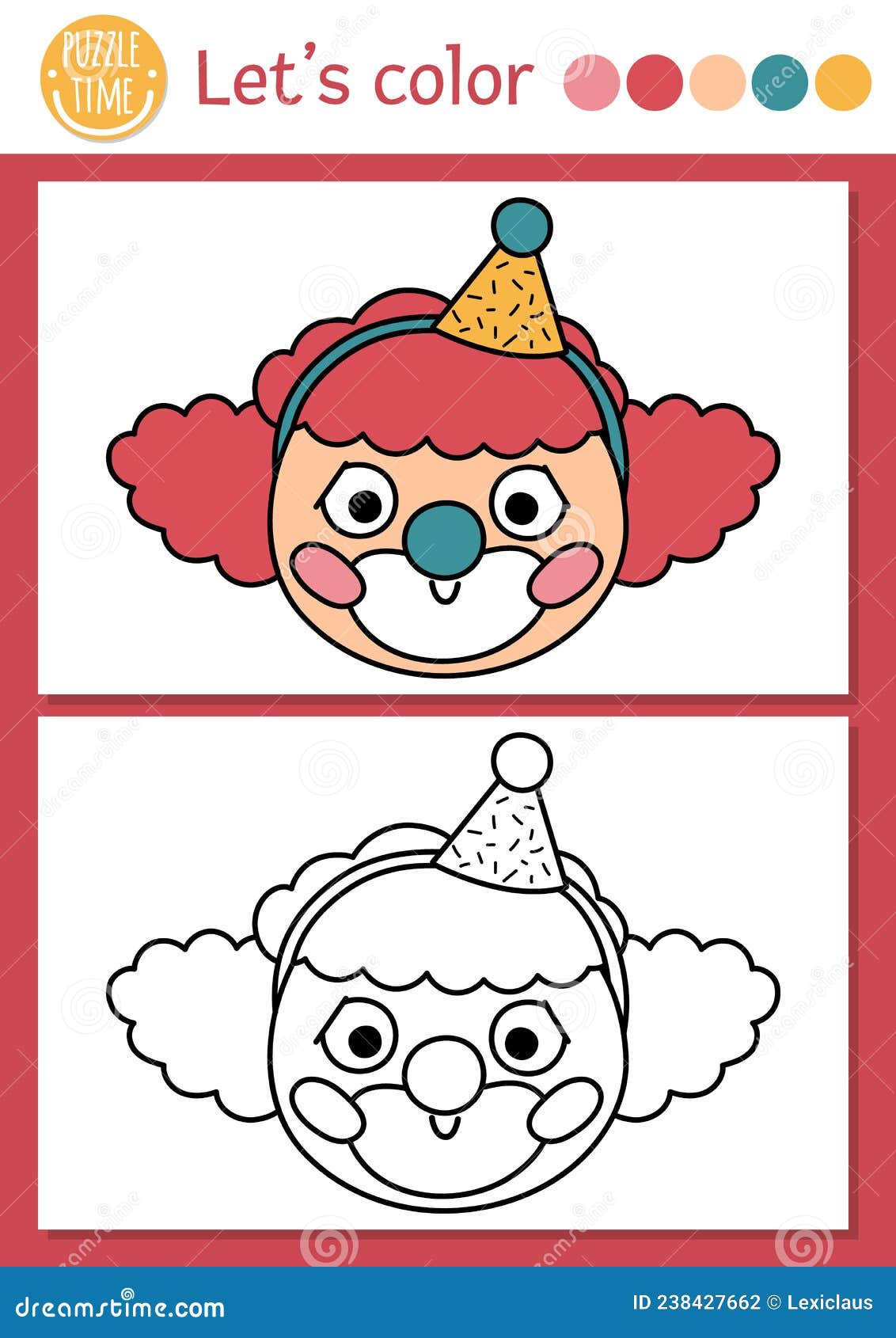 Circus coloring page for children with clown face vector amusement show outline illustration with cute stage performer stock vector