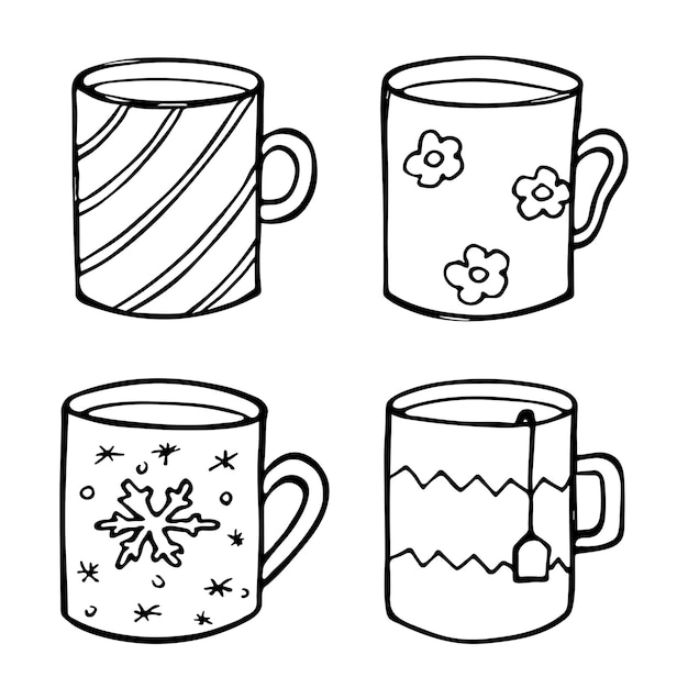 Premium vector cute cup of tea and coffee illustration simple mug clipart cozy home doodle set