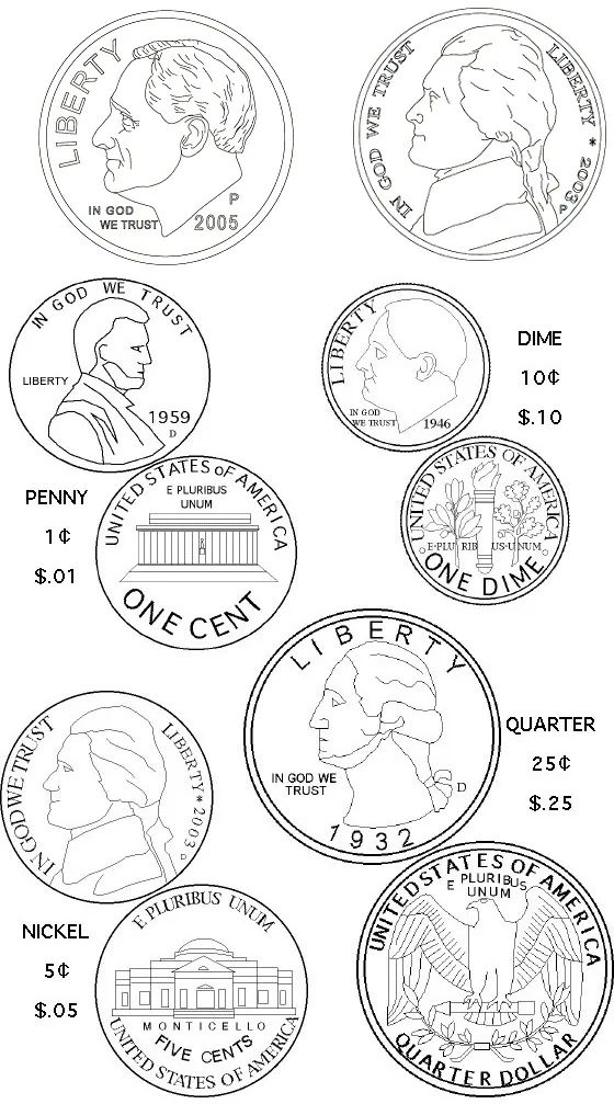 Coin varieties coloring page money concepts coloring pages coin crafts