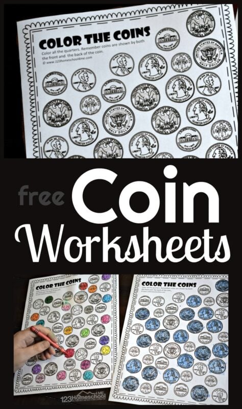 Free printable color the coin money worksheets
