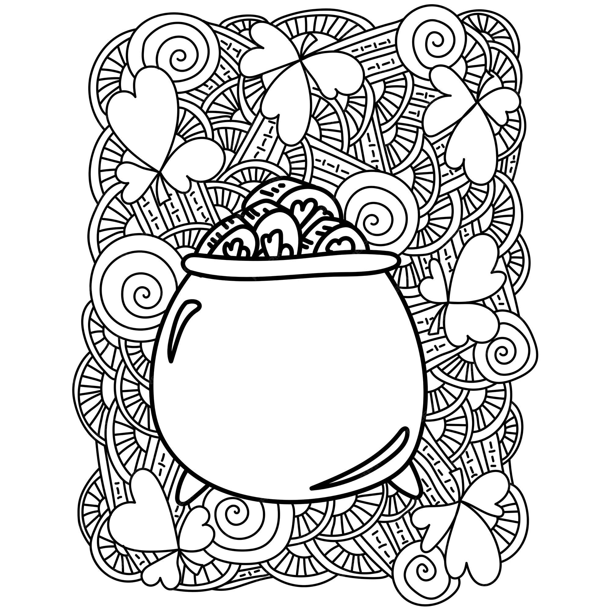 Premium vector ornate st patricks day coloring page pot of coins among clover and fantasy patterns