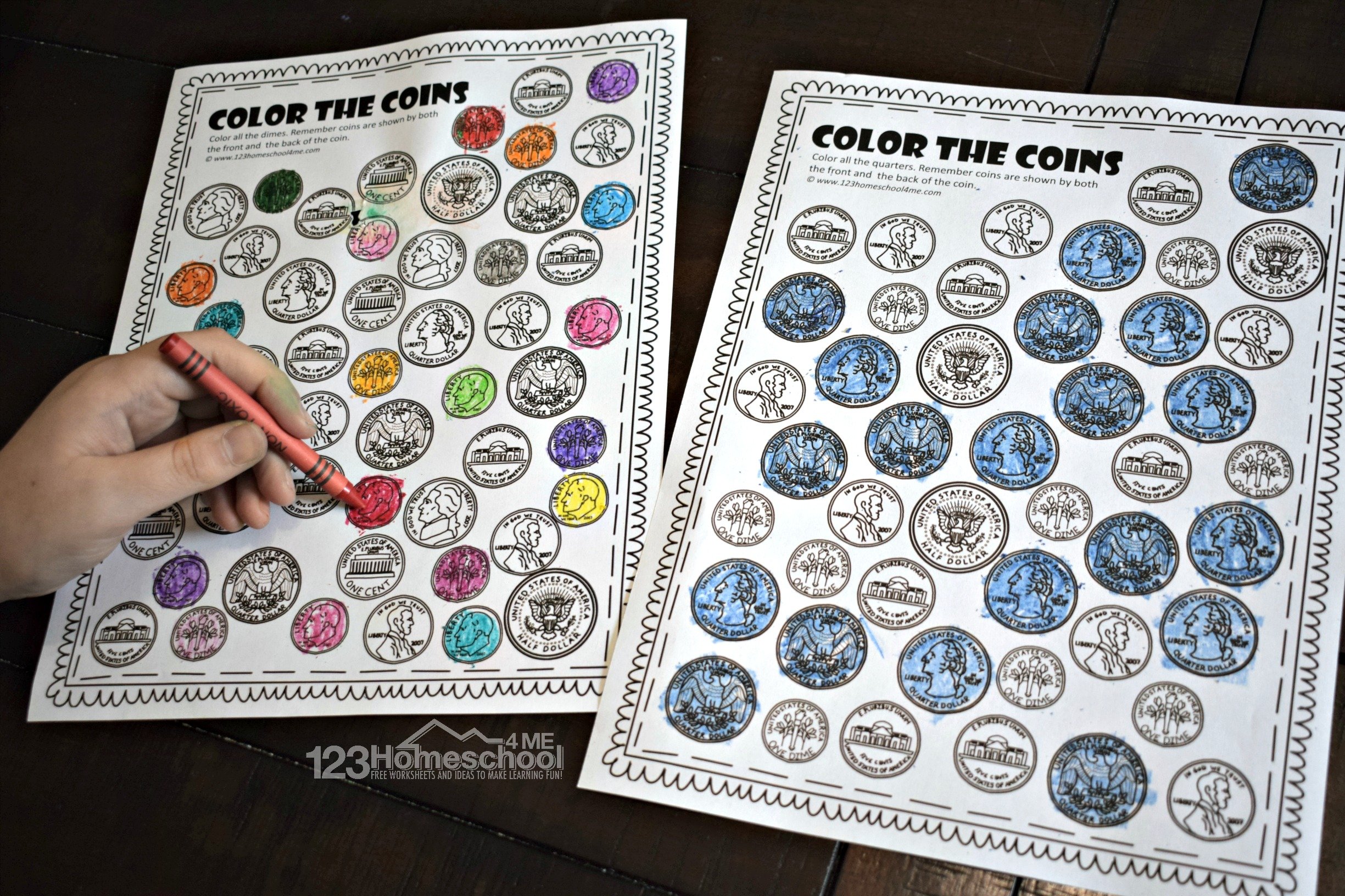 Free printable color the coin money worksheets
