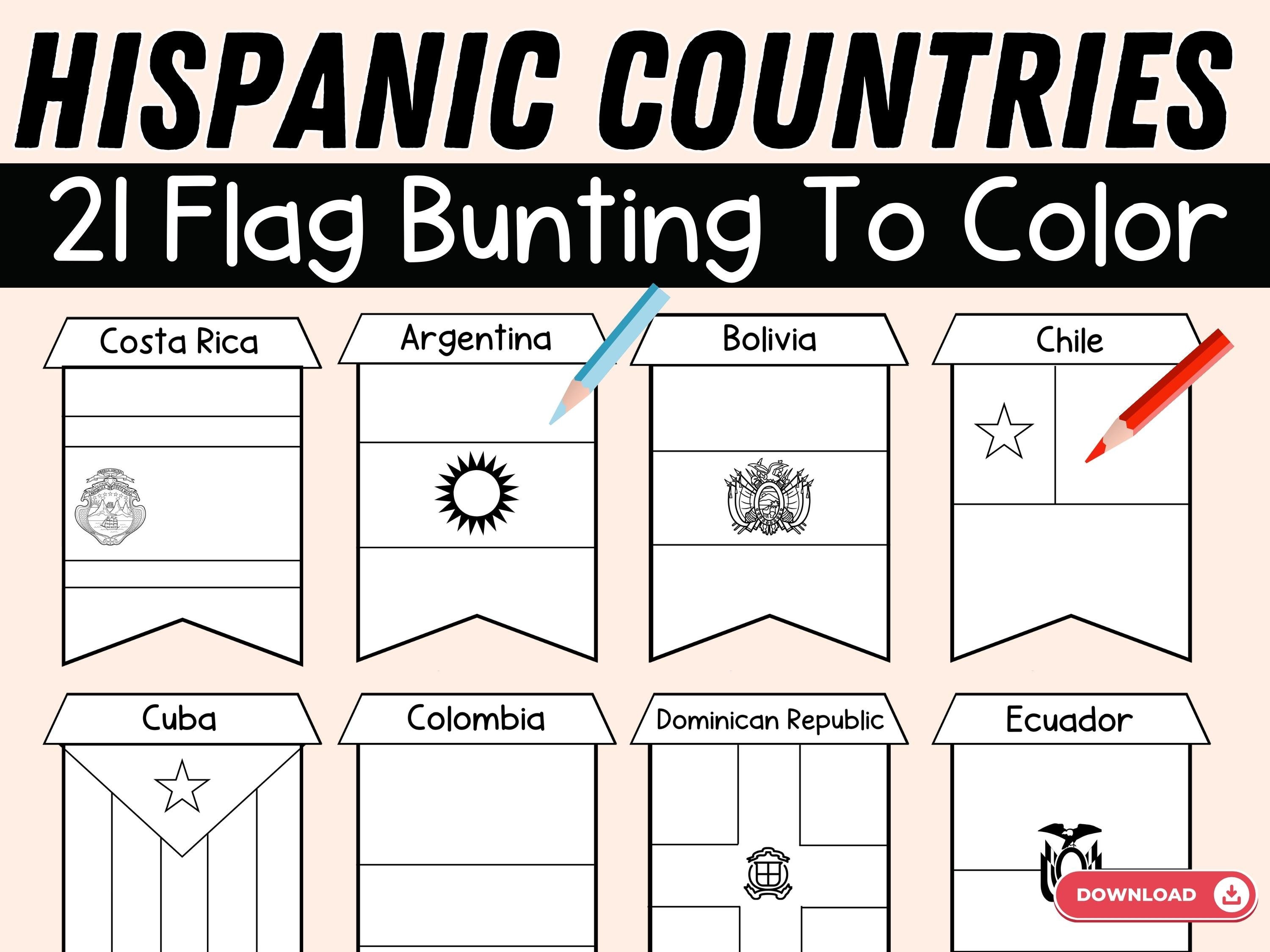 Hispanic country flags coloring pages hispanic heritage month flag bunting to color spanish speaking countries banner coloring activity