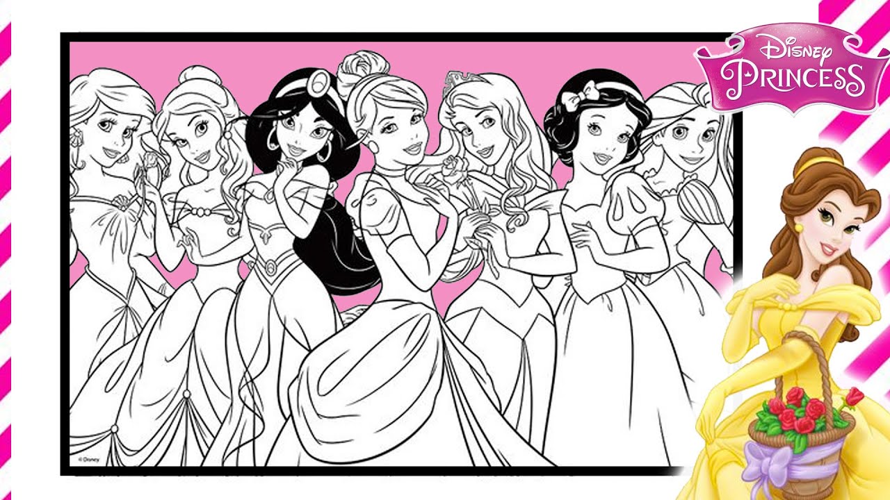 Disney princesses group photo coloring page coloring ariel jasmine belle snow white all together