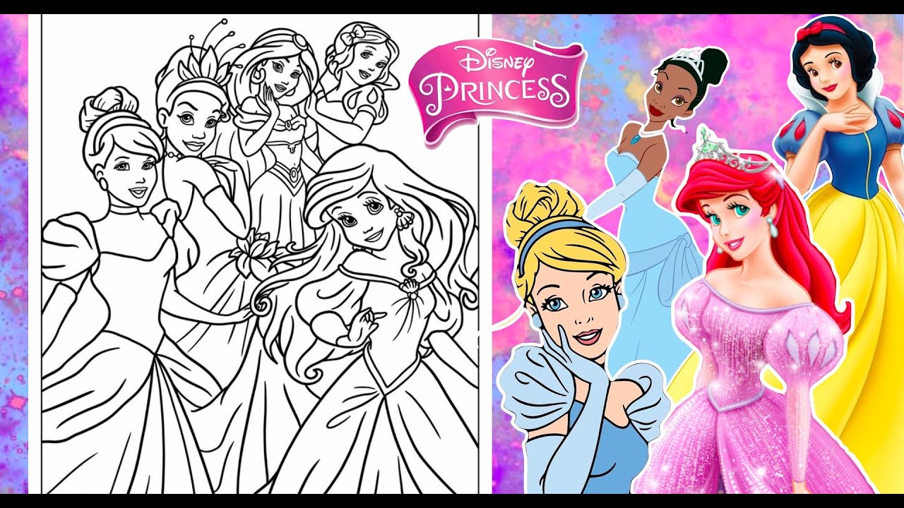 Disney princess fun all together coloring page snow white ariel cinderella jasine tiana in arkers