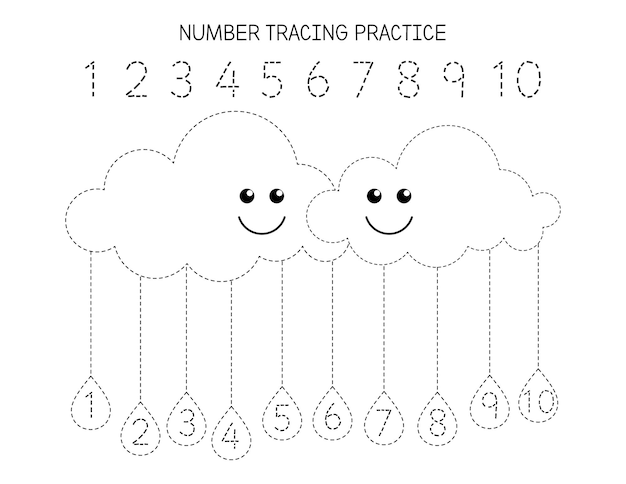 Premium vector number tracing and coloring worksheet for kids cute clouds coloring for preschool and kindergarten