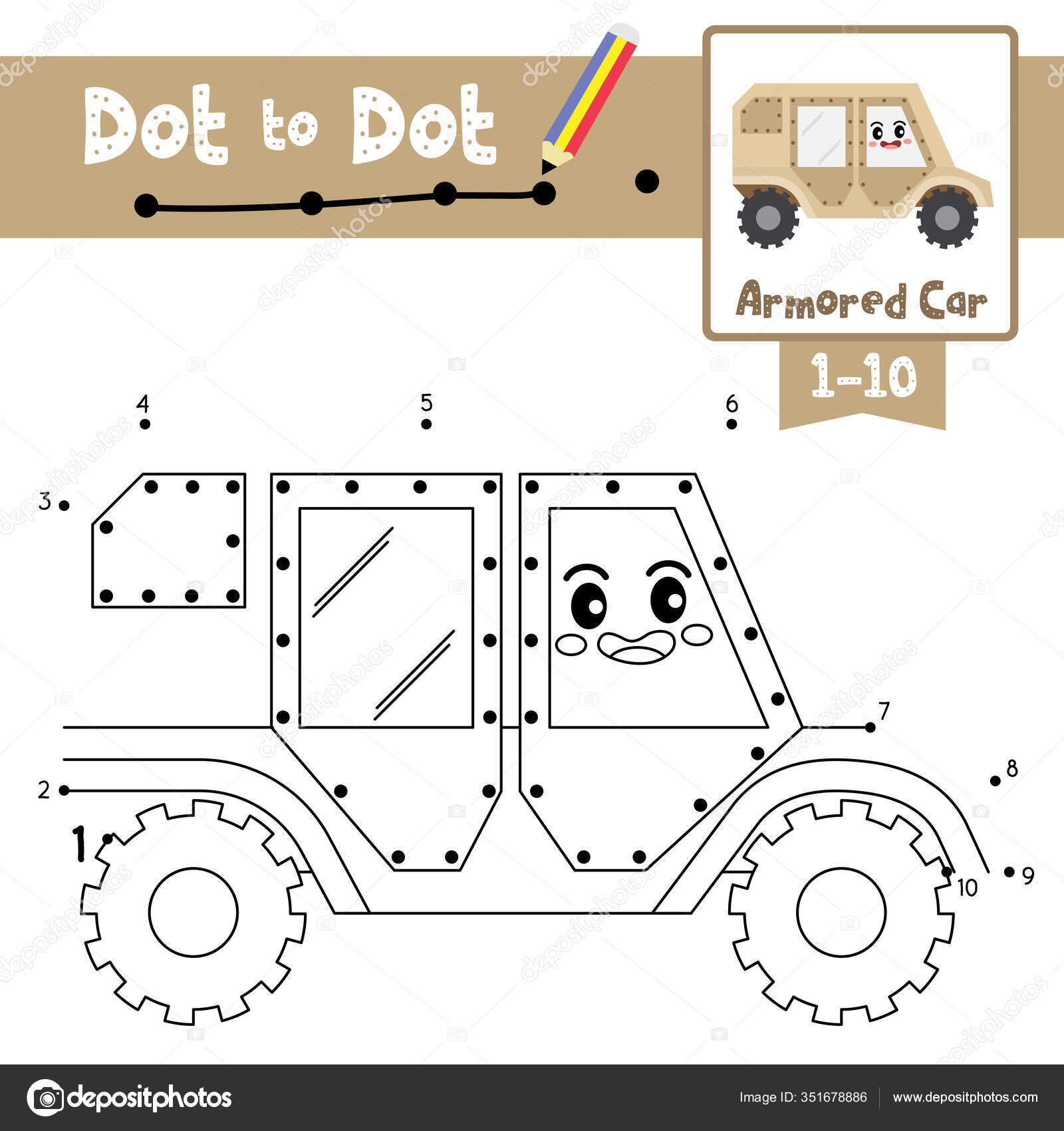 Dot dot educational game coloring book cute armored car cartoon stock vector by natchapohn