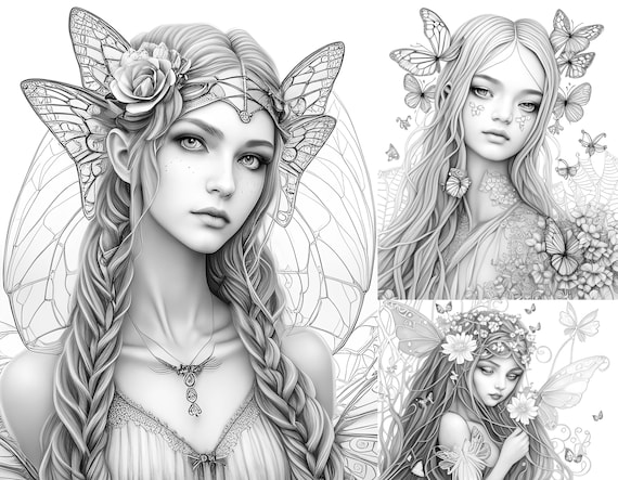 Flower fairies coloring book set printable coloring page for adult coloring book digital download greyscale coloring page mercial use