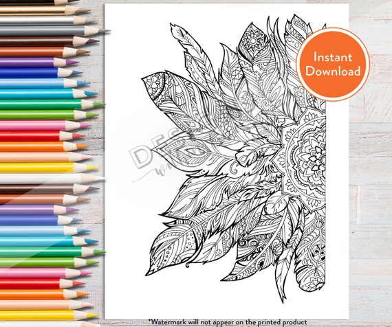 Printable mandala feathers digital coloring page instant download