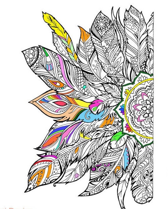 Printable mandala feathers digital coloring page instant download
