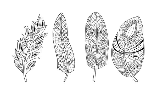 Collection of stylized feathers black and white tribal artistically drawn feather pattern for coloring page tattoo design vector illustration on a white background vector