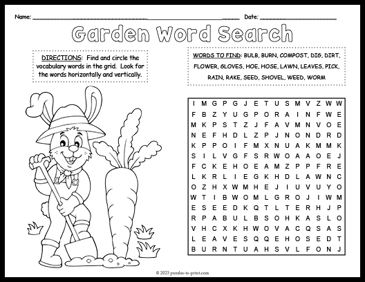 Garden word search coloring page