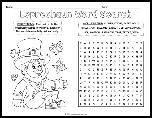 Leprechaun word search coloring page