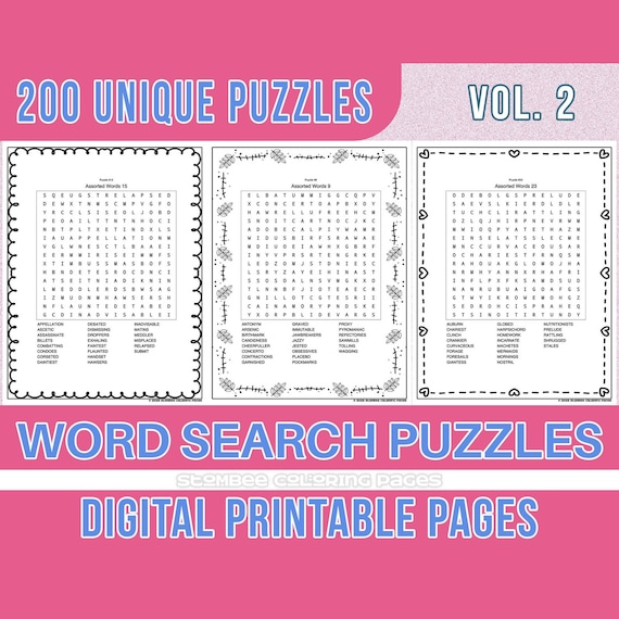 Word search printable puzzle instant downloadprintable puzzle pages for kids and adults includes solutions digital printable vol instant download