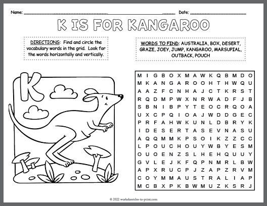 Kangaroo word search coloring page