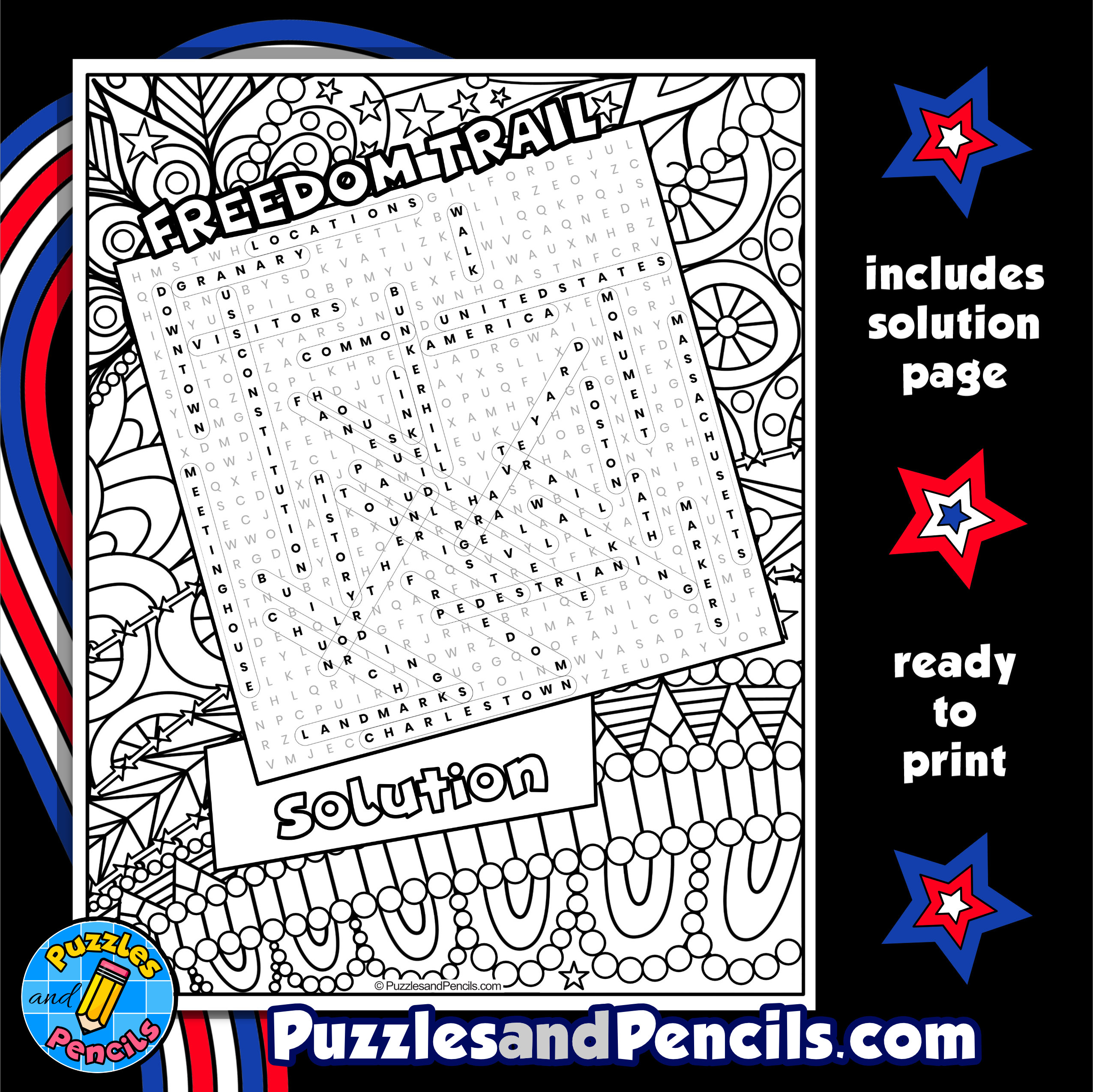 Freedom trail word search puzzle with coloring us tourist attractions wordsearch made by teachers