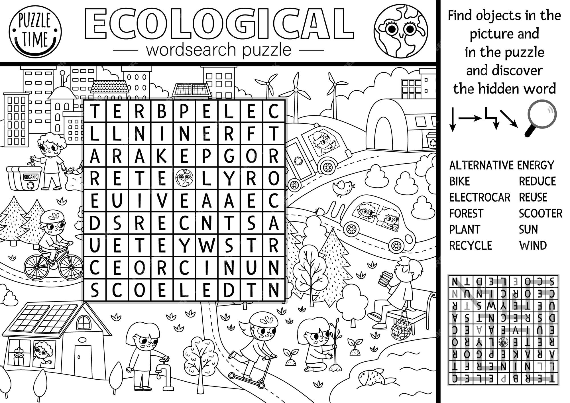 Premium vector vector ecological wordsearch puzzle for kids black and white earth day word search quiz with eco city landscape eco awareness line activity environment friendly cross word coloring page