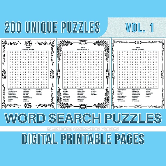 Word search printable puzzle instant downloadprintable puzzle pages for kids and adults includes solutions digital printable vol