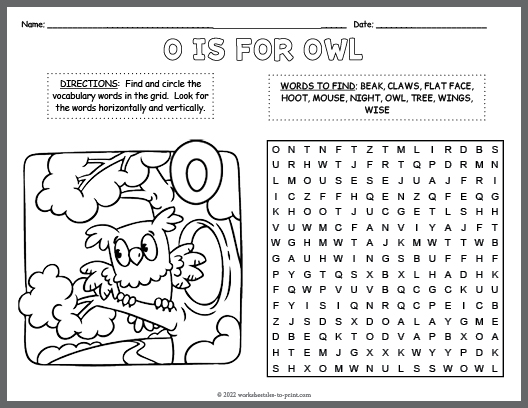 Owl word search coloring page