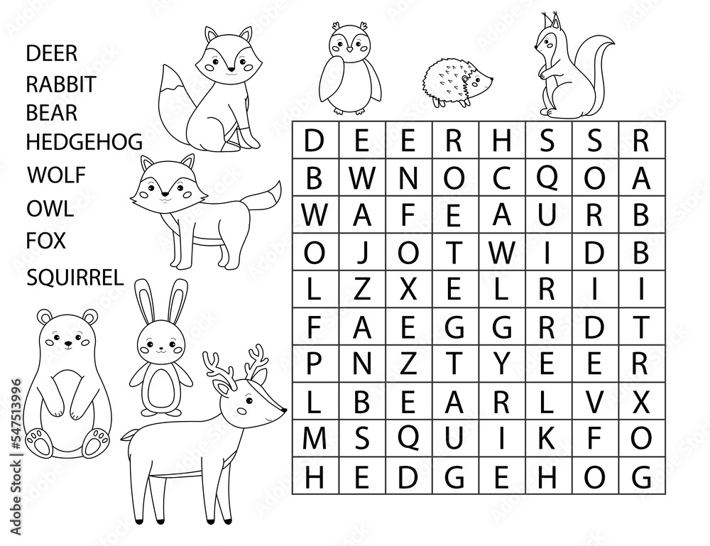 Coloring page with word search forest animals cute cartoon characters educational game for kids printable crossword learn english vector illustration vector