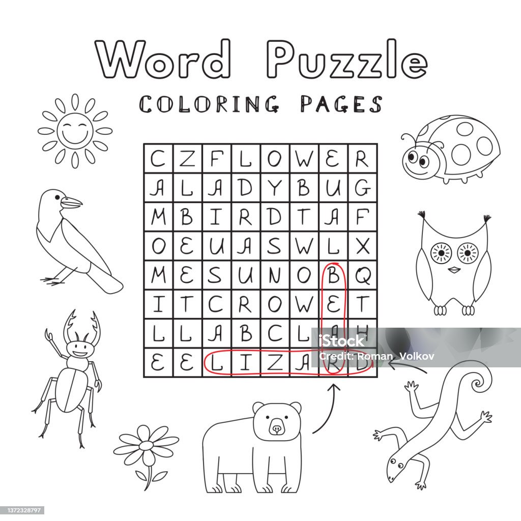 Funny animals coloring book word puzzle stock illustration