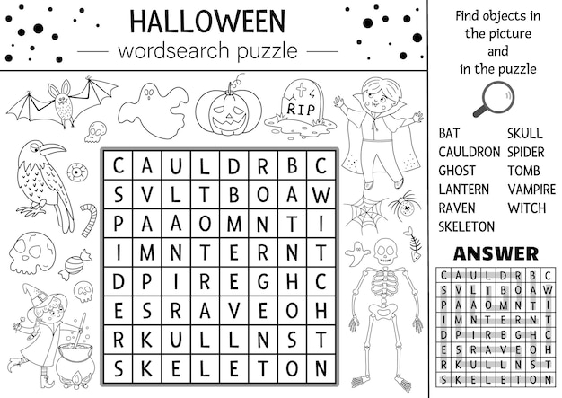 Premium vector vector halloween black and white wordsearch puzzle for kids simple crossword or coloring page with haunted house and scary things keyword activity with funny witch vampire ghost batxa