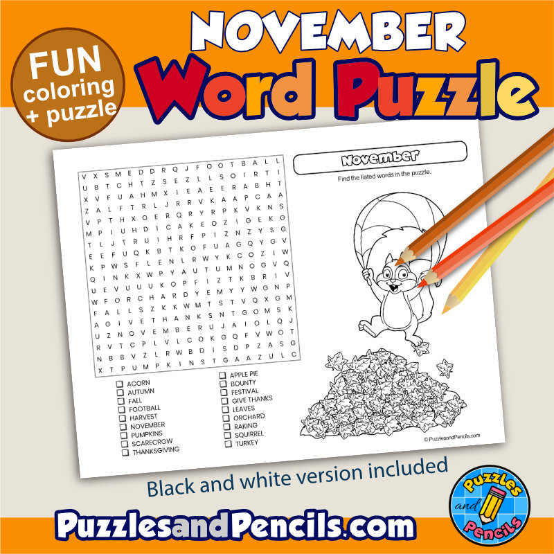 November word search puzzle activity page with coloring made by teachers