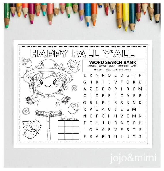 Happy fall yall printable placemat activity fall coloring page word search autumn placemat scarecrow instant download
