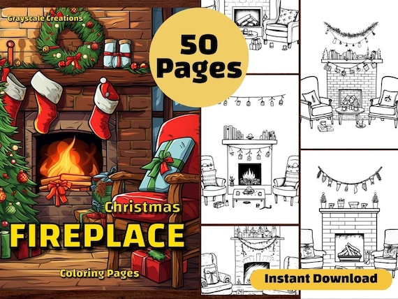 Fireplace christmas coloring page book interior coloring xmas winter festive holiday printable pdf sheets grayscale coloring adults