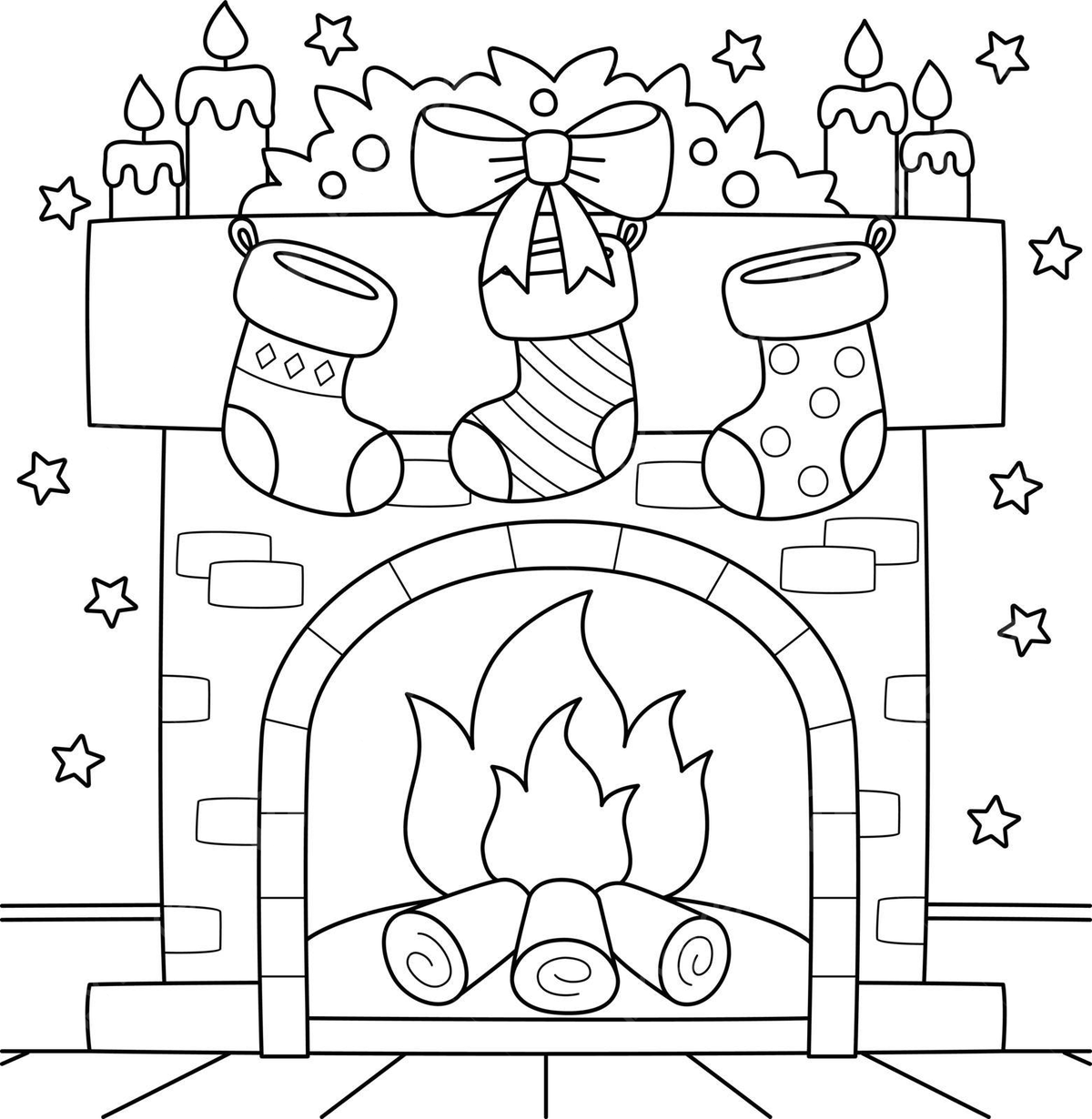 Christmas fireplace with stocking coloring page star season holiday vector christmas drawing fire drawing star drawing png and vector with transparent background for free download
