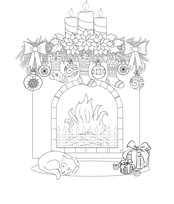 Christmas fireplace coloring page by makart made with love