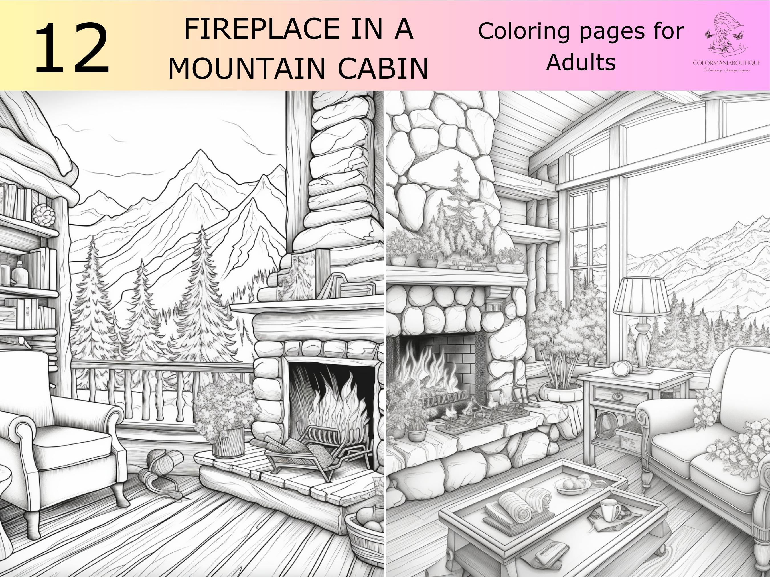 Greyscale mountain cabin printable coloring bookprintable adult coloring page download greyscale fireplace pictures