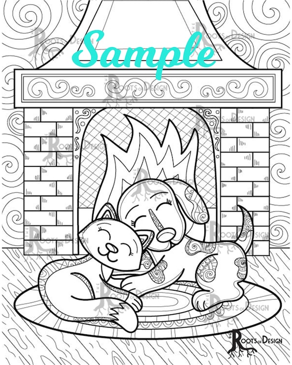 Instant download cozy fireplace animals coloring bundle coloring page or print
