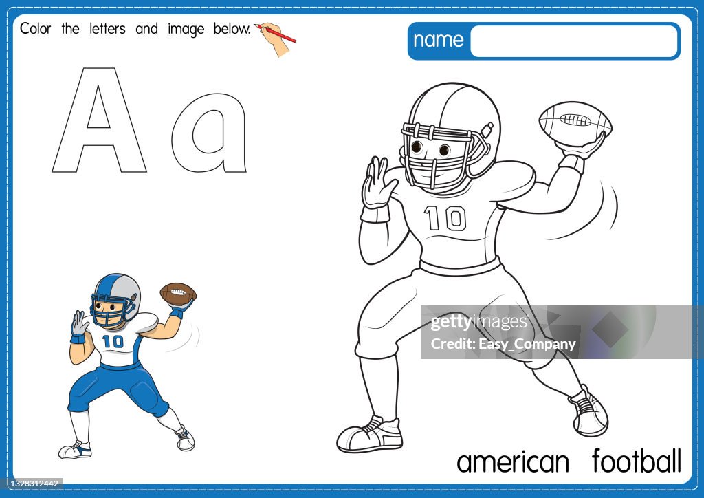 Vector illustration of kids alphabet coloring book page with outlined clip art to color letter a for american football high