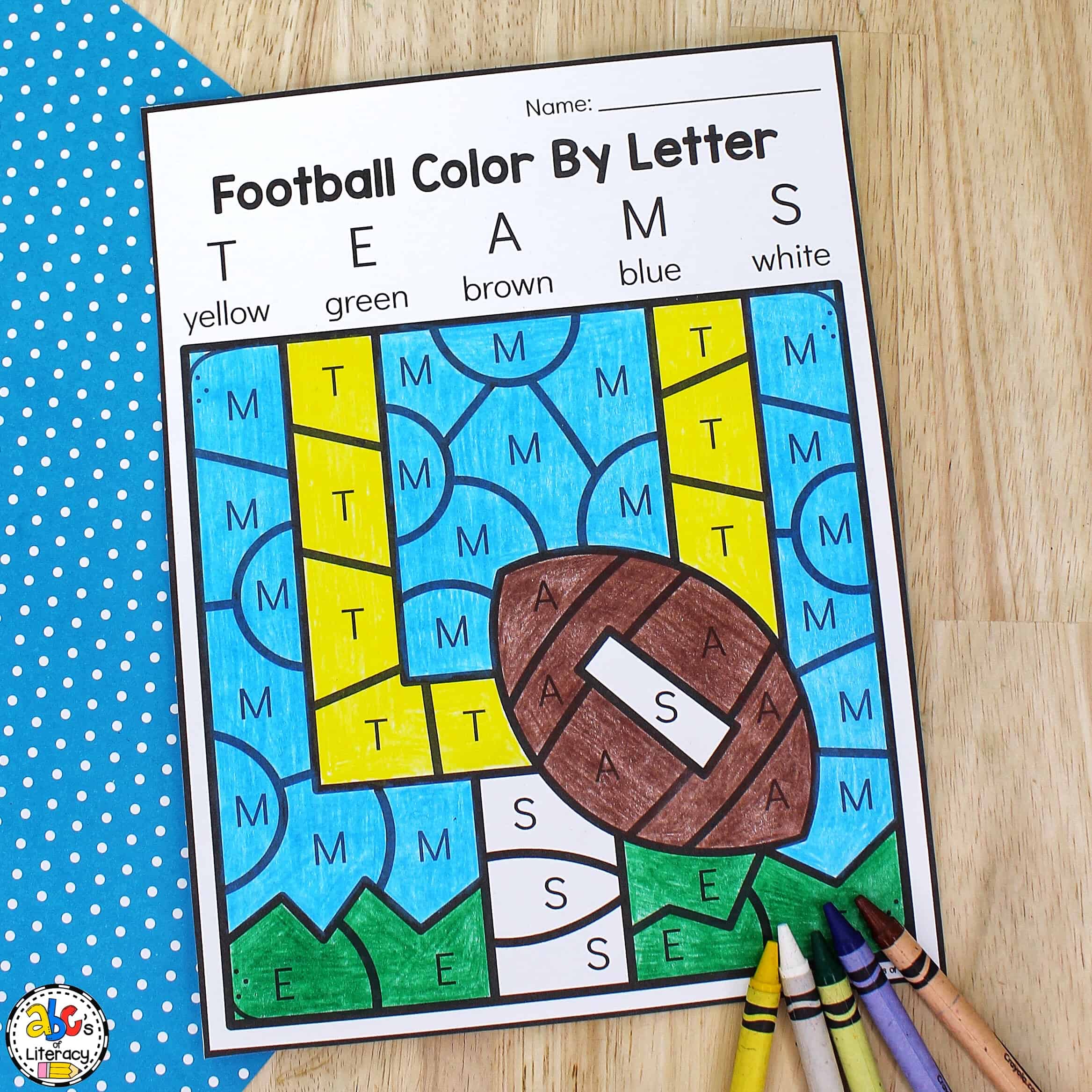 Football color by letter worksheets