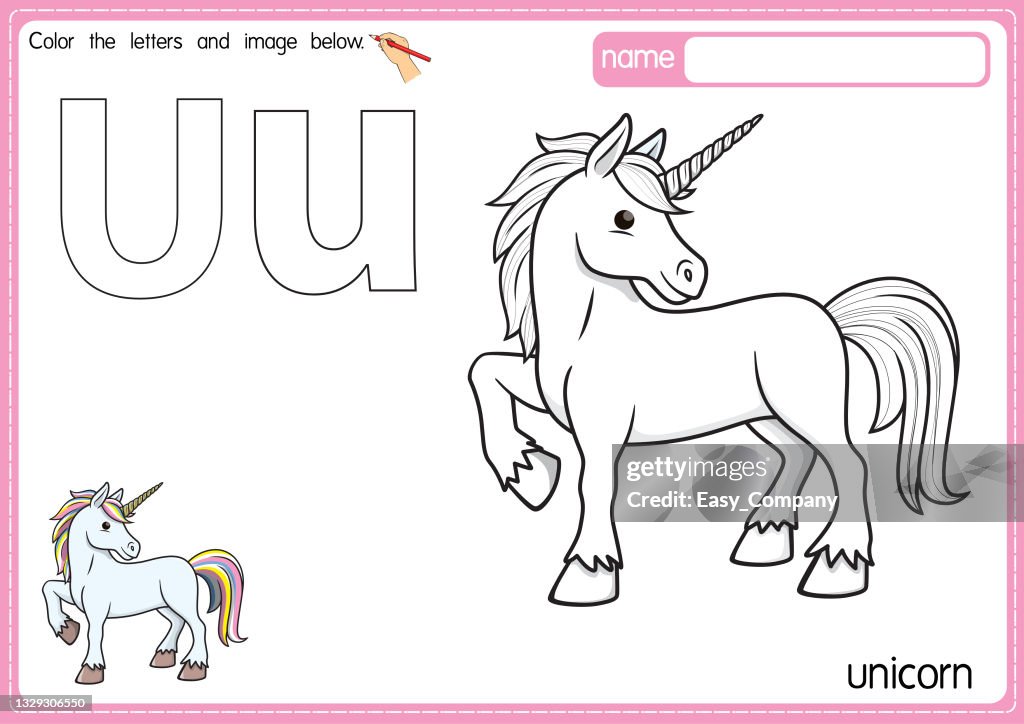 Vector illustration of kids alphabet coloring book page with outlined clip art to color letter u for unicorn high