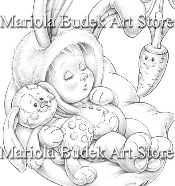 Baby bunny mariola budek coloring page printable adult kids cute baby colouring pages instant download grayscale illustration pdf