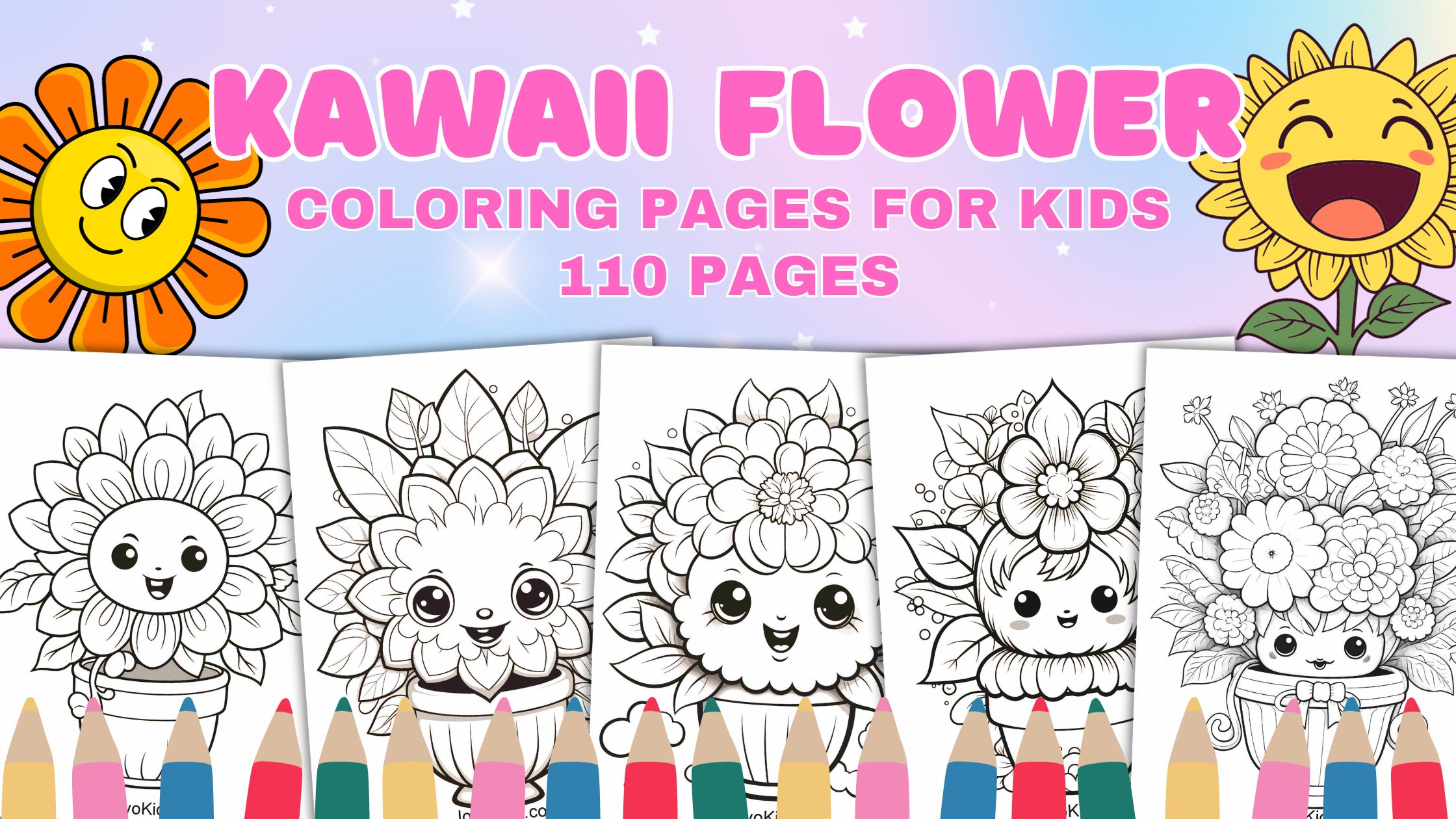 Free cute kawaii flower loring pages for kids