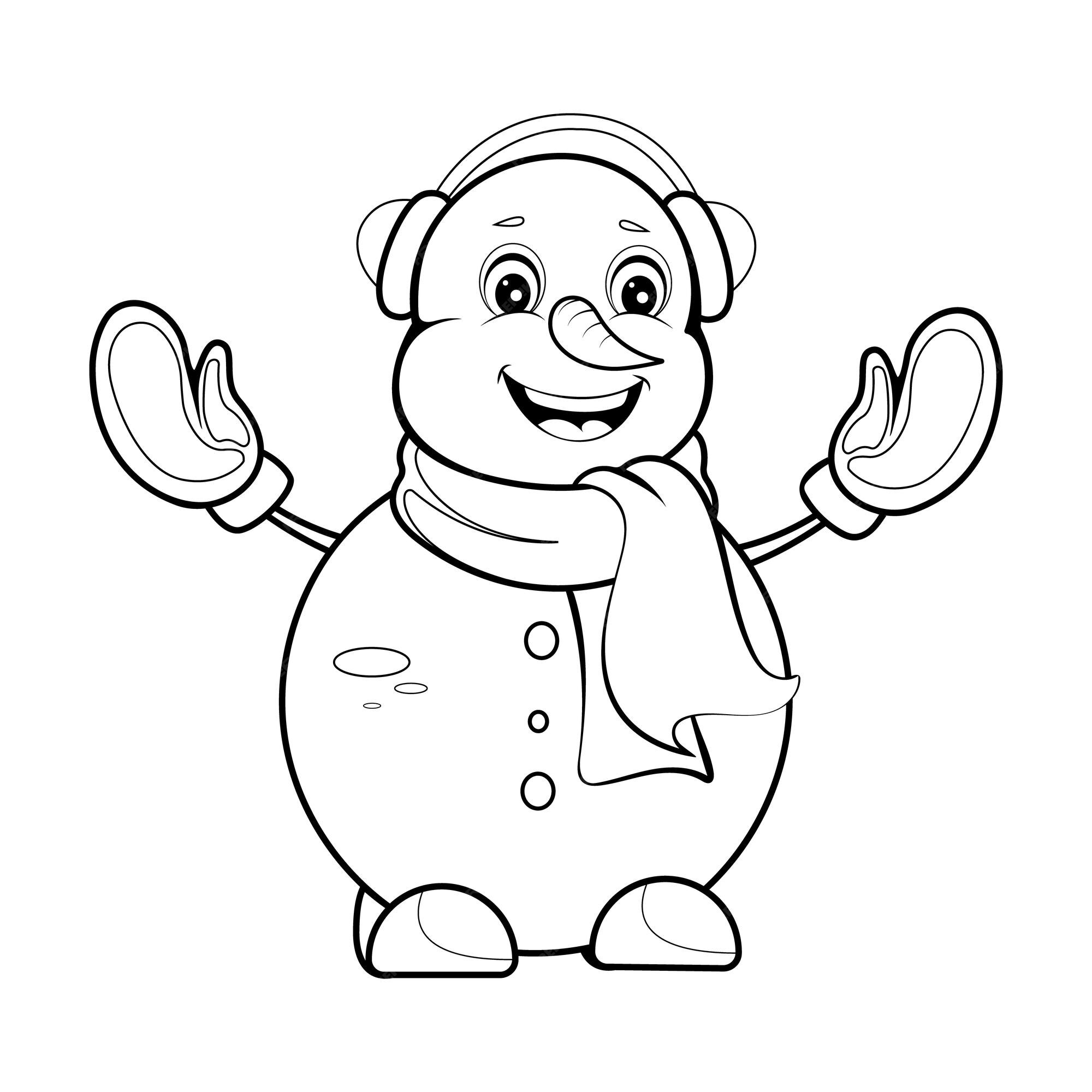 Premium vector coloring page happy snowman with winter earmuffs gloves and scarf