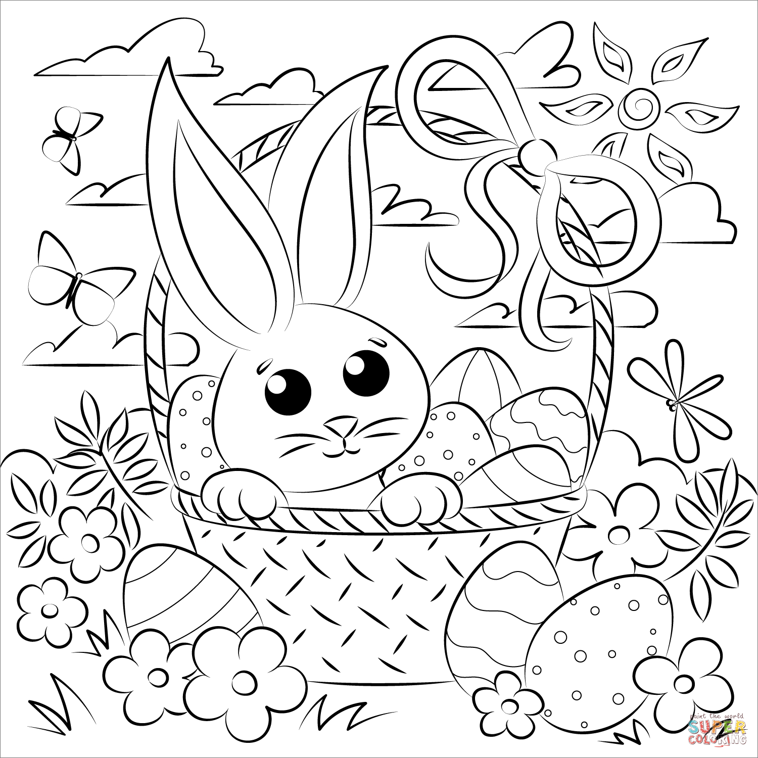 Easter basket and bunny coloring page free printable coloring pages