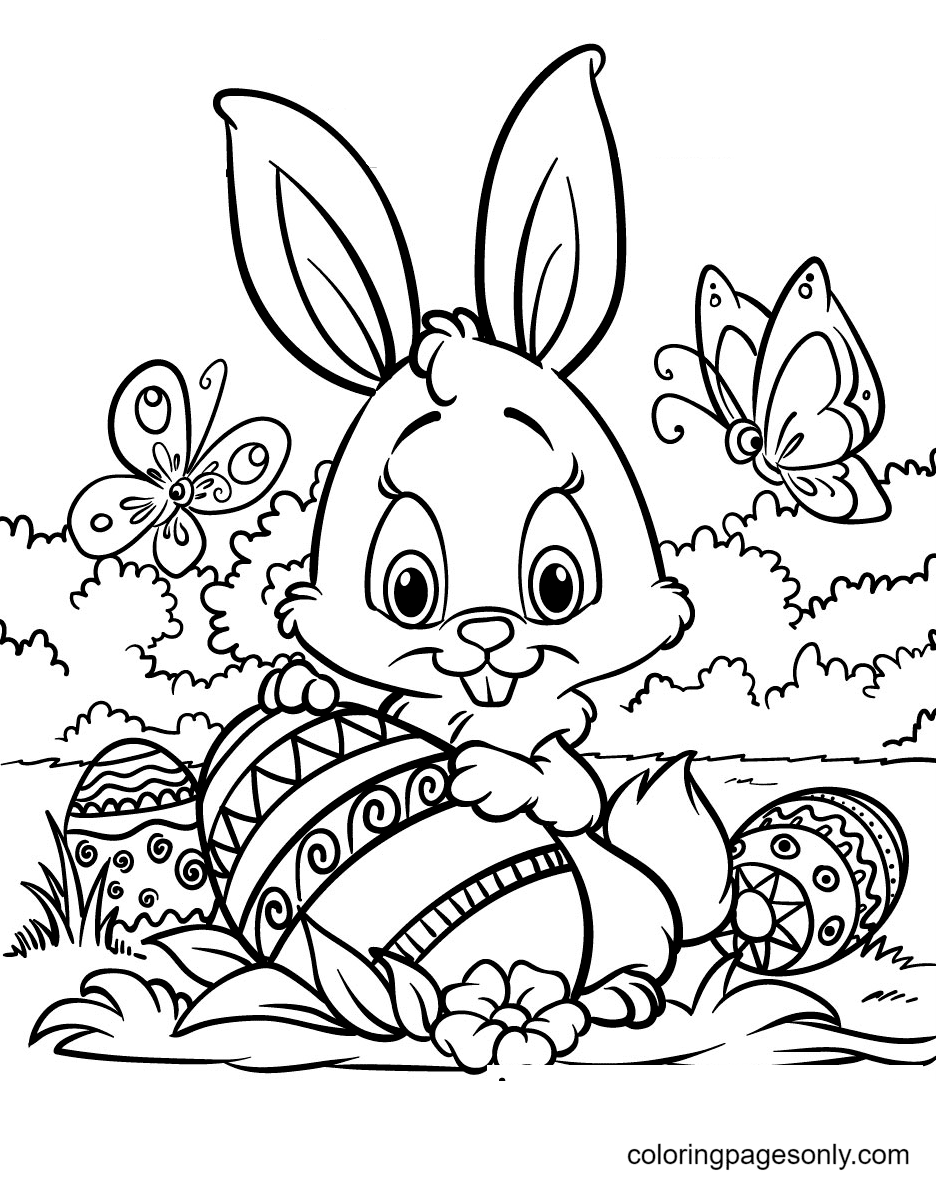 Little easter bunny with butterfly coloring page