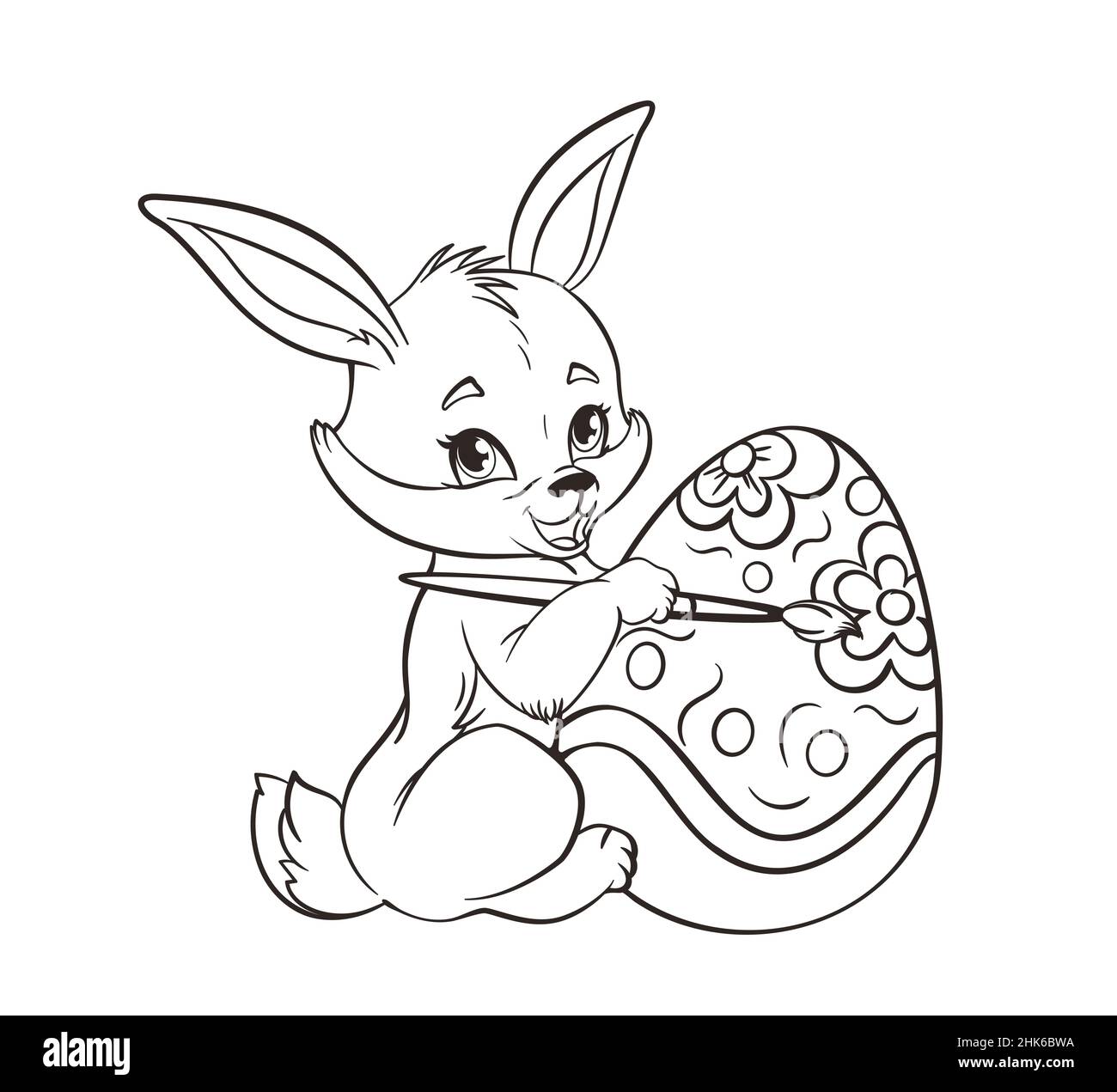 Coloring book cute easter bunny painting an easter egg with a brushvector illustration in a flat cartoon style black and white line art stock vector image art