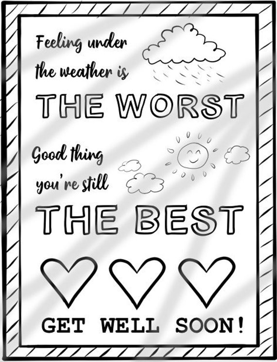Get well soon card coloring page printable pdf instant download feel better get well coloring page get well gift poem