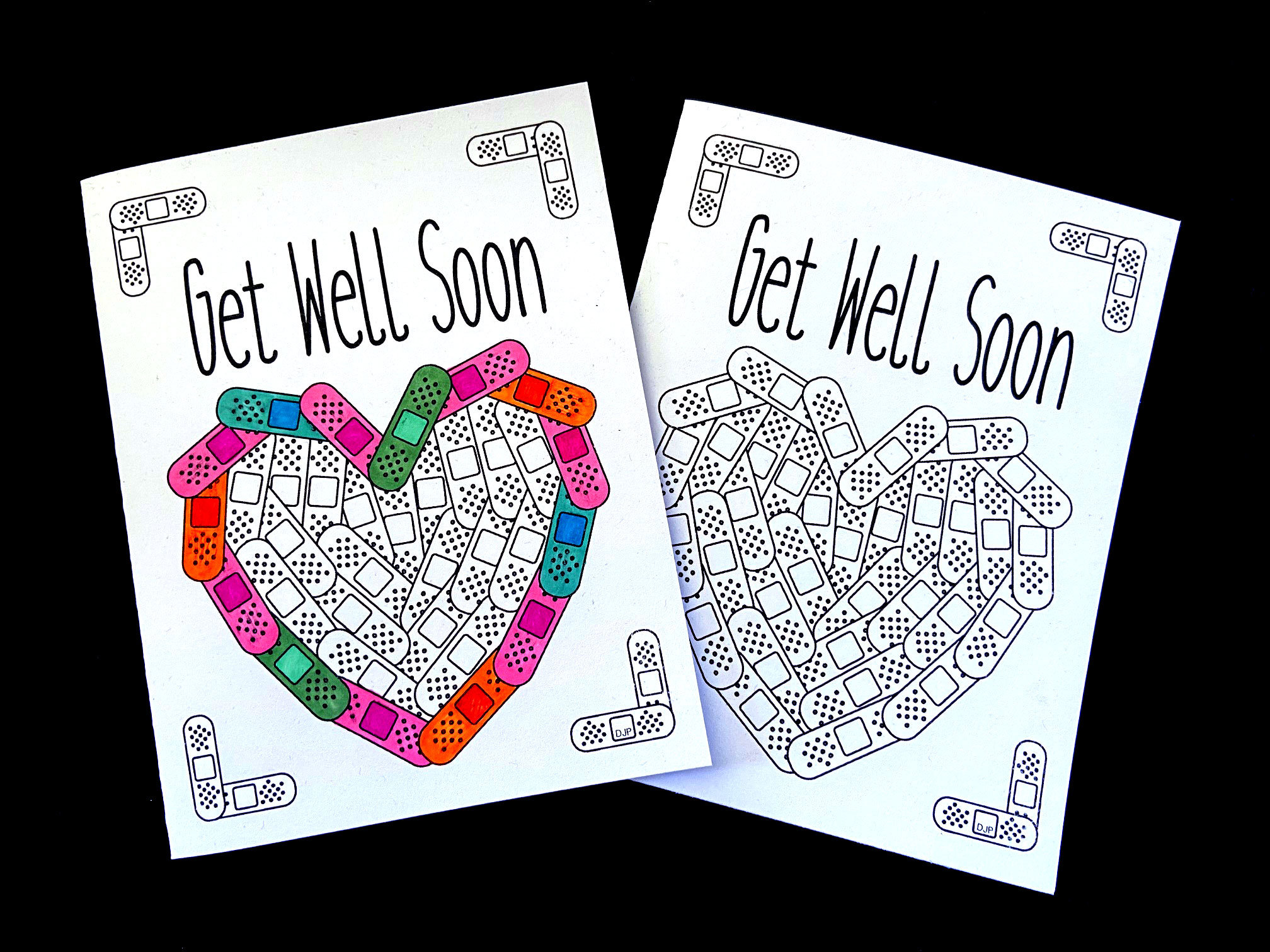 Get well soon card with bandaid heart printable pdf coloring page