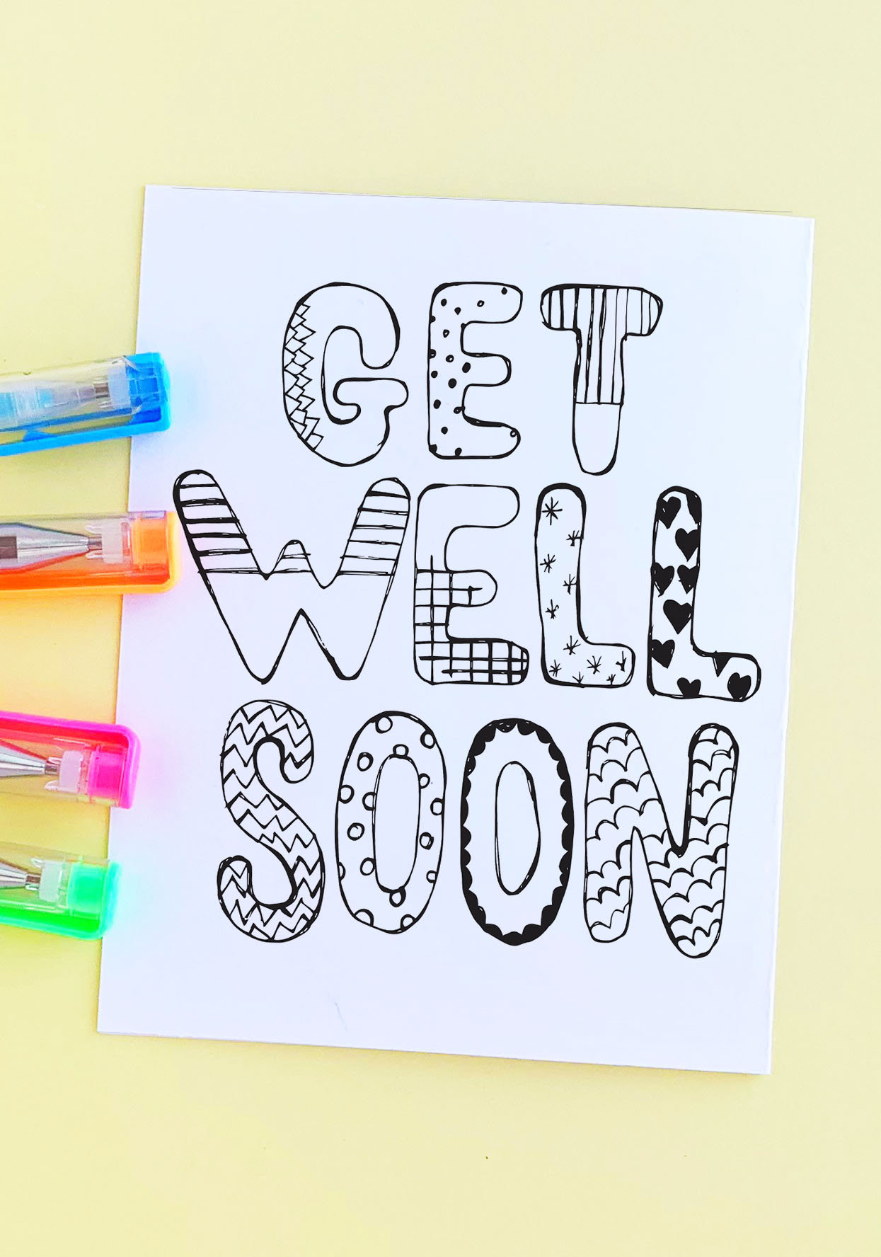 Printable greeting card get well soon kids coloring page line art ready to print fashion illustration sympathy card girls coloring