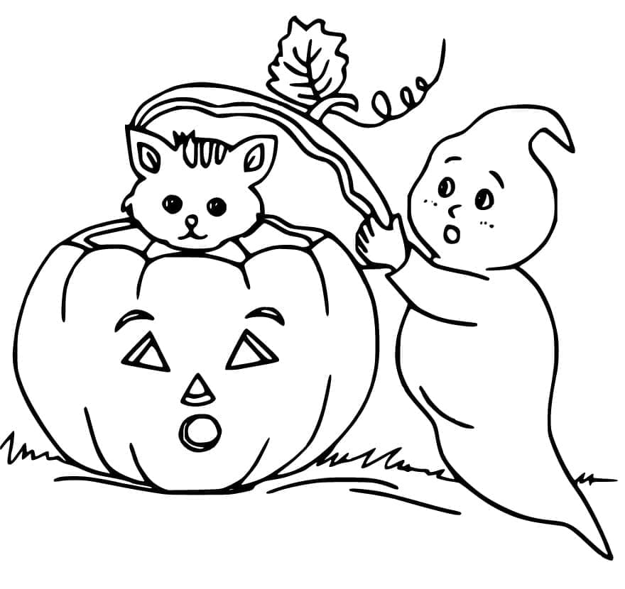 Halloween cat and ghost coloring page