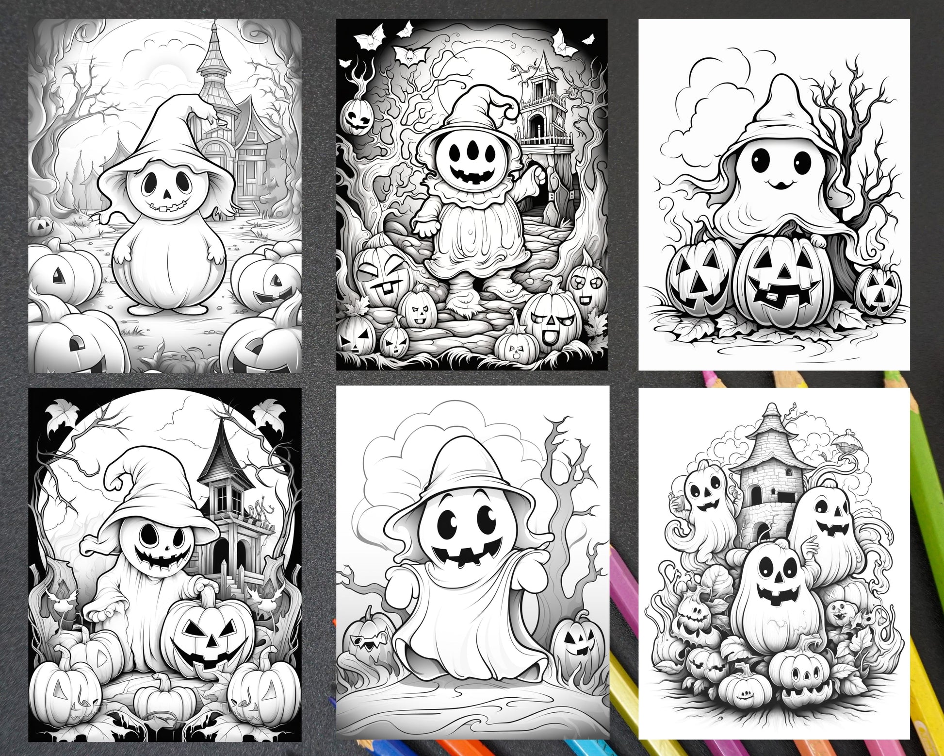 Halloween cute ghosts grayscale coloring printable for adults kids â coloring